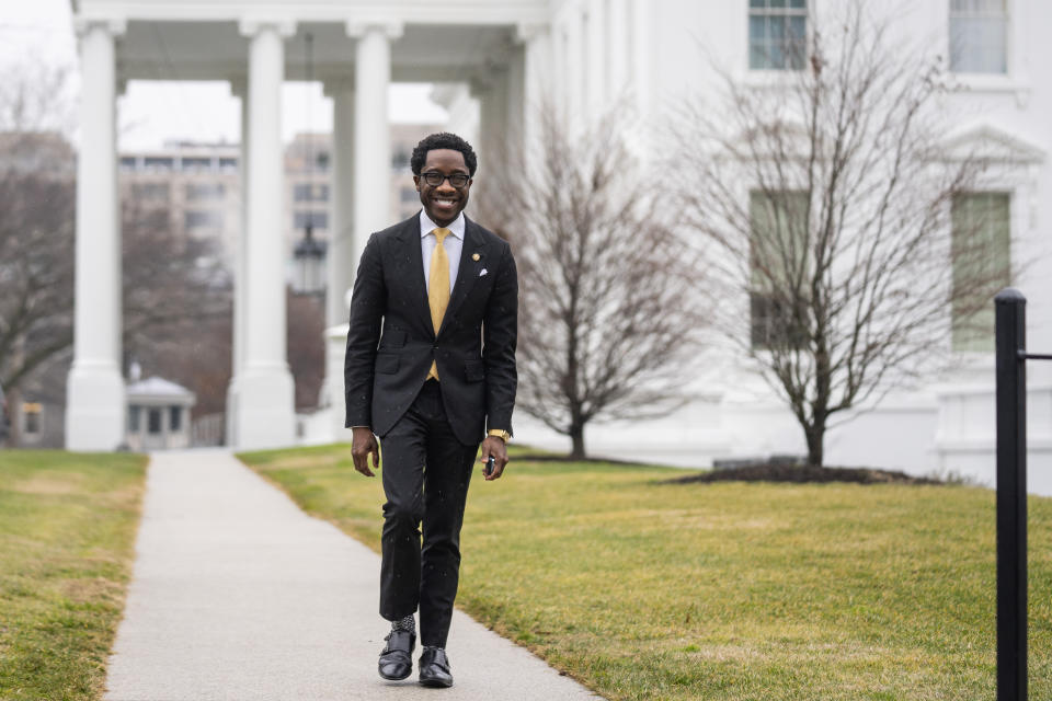 Michael Leach, a special assistant to President Joe Biden and the chief diversity and inclusion officer for the White House, stands outside the White House, Thursday, Jan. 25, 2024, in Washington. The White House says Leach, its chief diversity and inclusion officer, is leaving the Biden administration after three years in the position. (AP Photo/Evan Vucci)