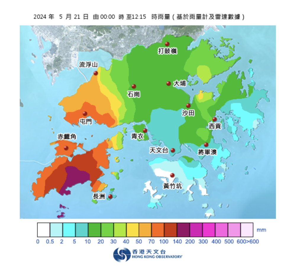 今天本港雨量分佈，由午夜直至 12:15 分