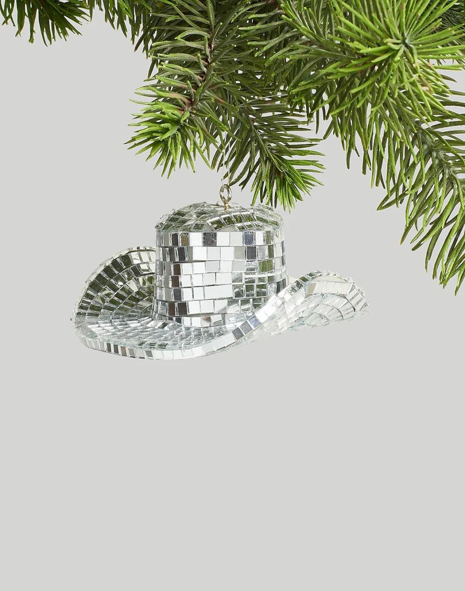 silver disco ball cowboy hat tree ornament