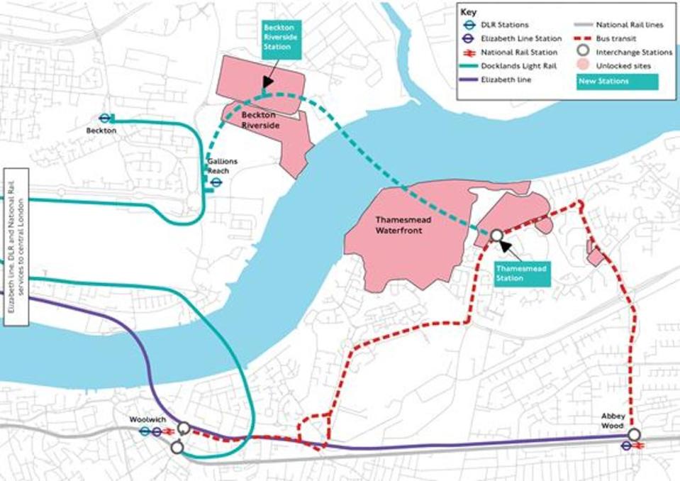 Map detailing the proposed extension of the DLR (TfL)