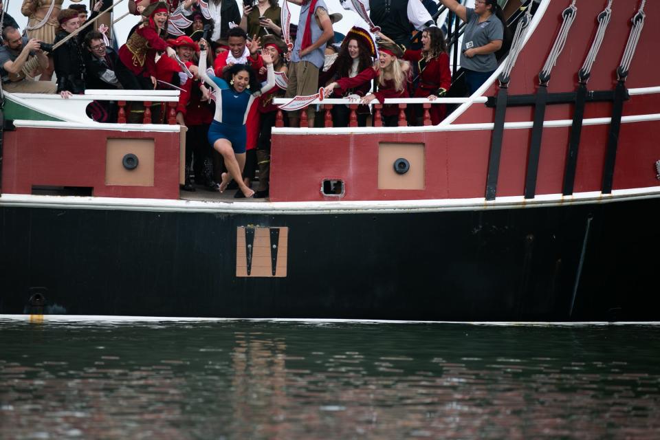 Mayor Paulette Guajardo jumps off the Red Dragon to kick off Buc Days in the Corpus Christi Bay on Thursday, May 4, 2023.