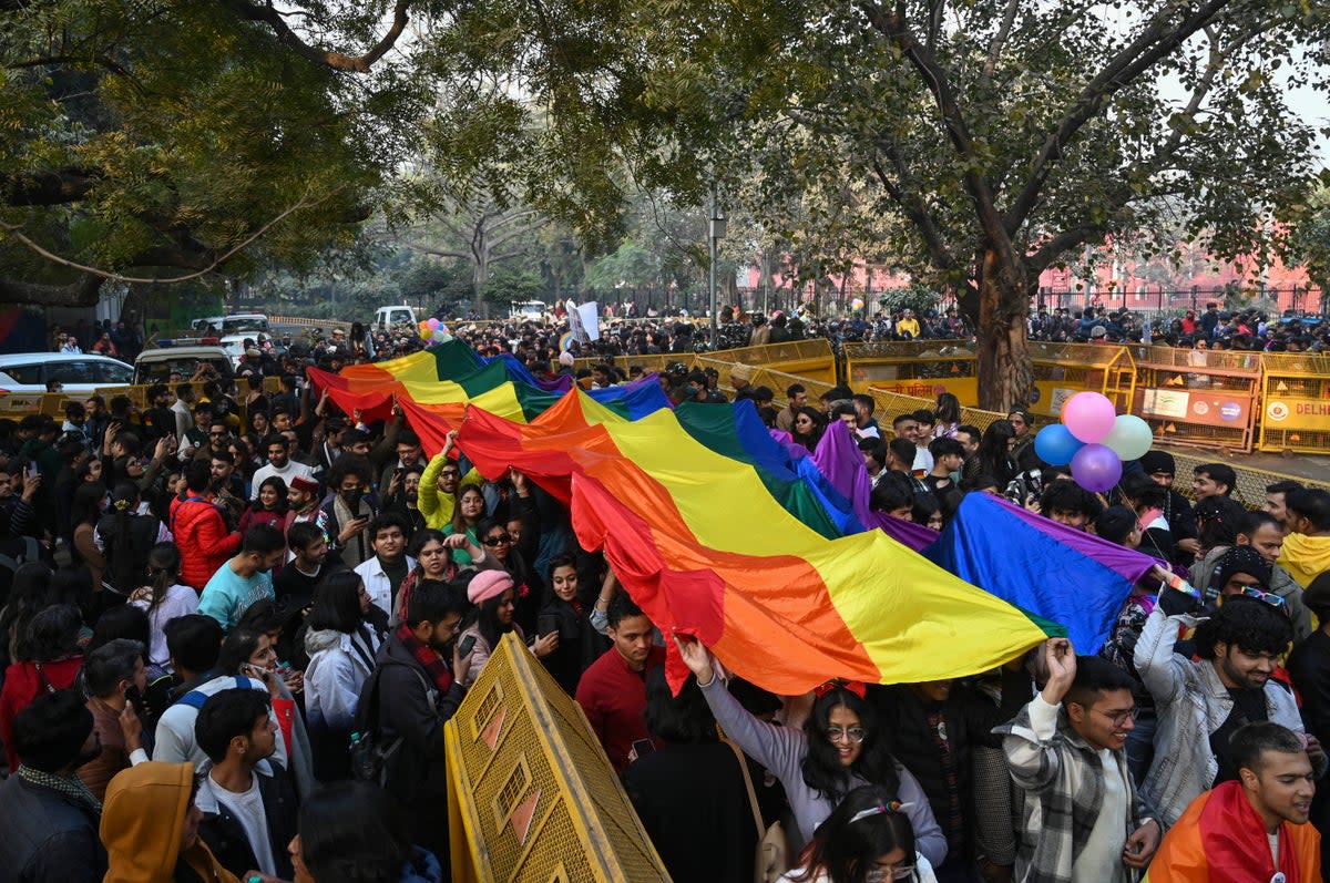 File photo: Members of the LGBT+ community and their supporters carry a rainbow flag as they march demanding equal marriage rights in New Delhi, India, Sunday, 8 January 2023  (AP)