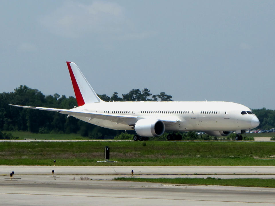 The first Boeing 787 manufactured in South Carolina taxies along the runway before its maiden flight from the Charleston International Airport in North Charleston, S.C., on Wednesday, May 23, 2012. It's the first plane manufactured at the $750 million assembly plant that opened last summer. (AP Photo/Bruce Smith)