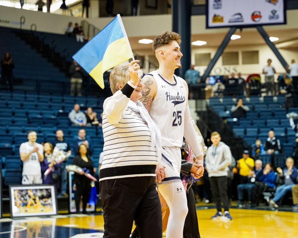 Monmouth's Nikita Konstantynovskyi, a native of Ukraine, is introduced during Senior Day on Feb. 24, 2024.