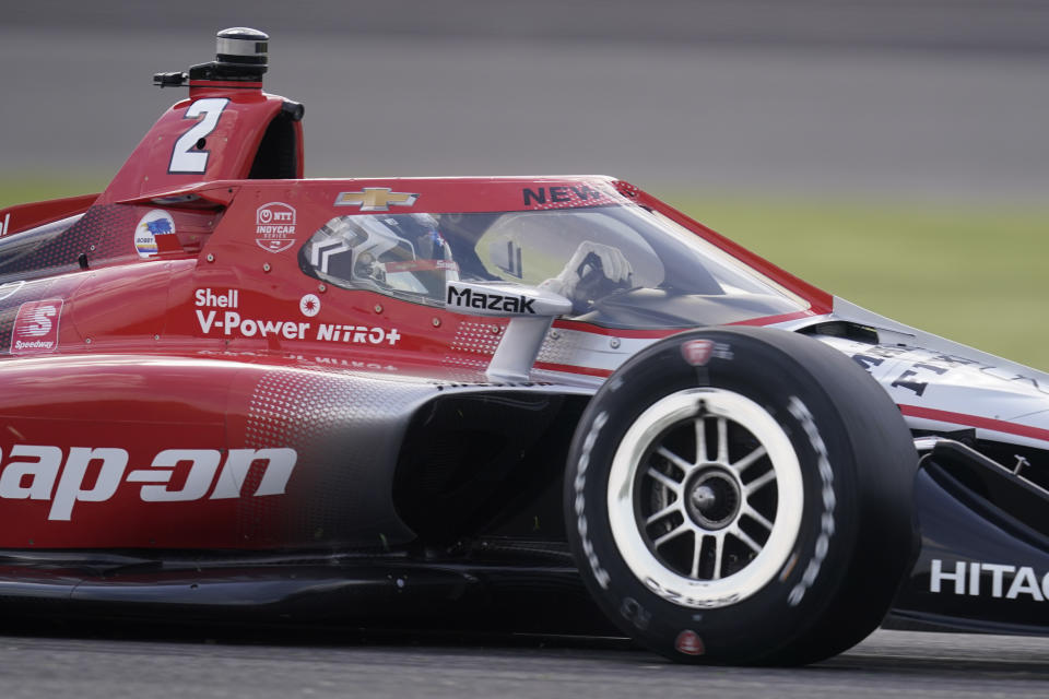 Josef Newgarden drives during qualifications for the IndyCar auto race at Indianapolis Motor Speedway, Friday, May 14, 2021, in Indianapolis. (AP Photo/Darron Cummings)