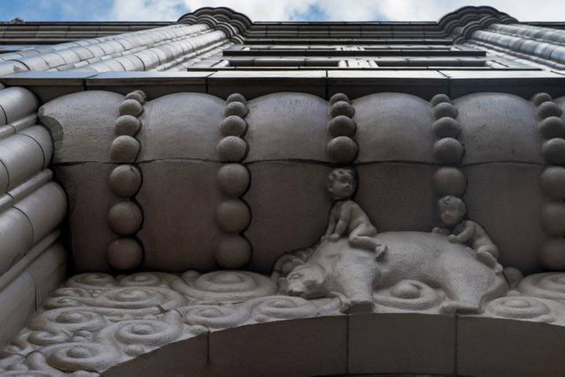 The historic granite Capital National Bank building in Sacramento was finished around 1915 with distinctive rounded forms and sculptures.