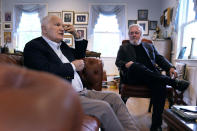 Nicholas Basbanes, left, is interviewed with his longtime friend Nick Gage, Wednesday, May 8, 2024, in Grafton, Mass. Authors and retired newspaper journalists Gage and Basbanes decided to sue ChatGPT-maker OpenAI and its business partner Microsoft when they found out that ChatGPT might be stealing and repurposing a lifetime of their work. (AP Photo/Charles Krupa)