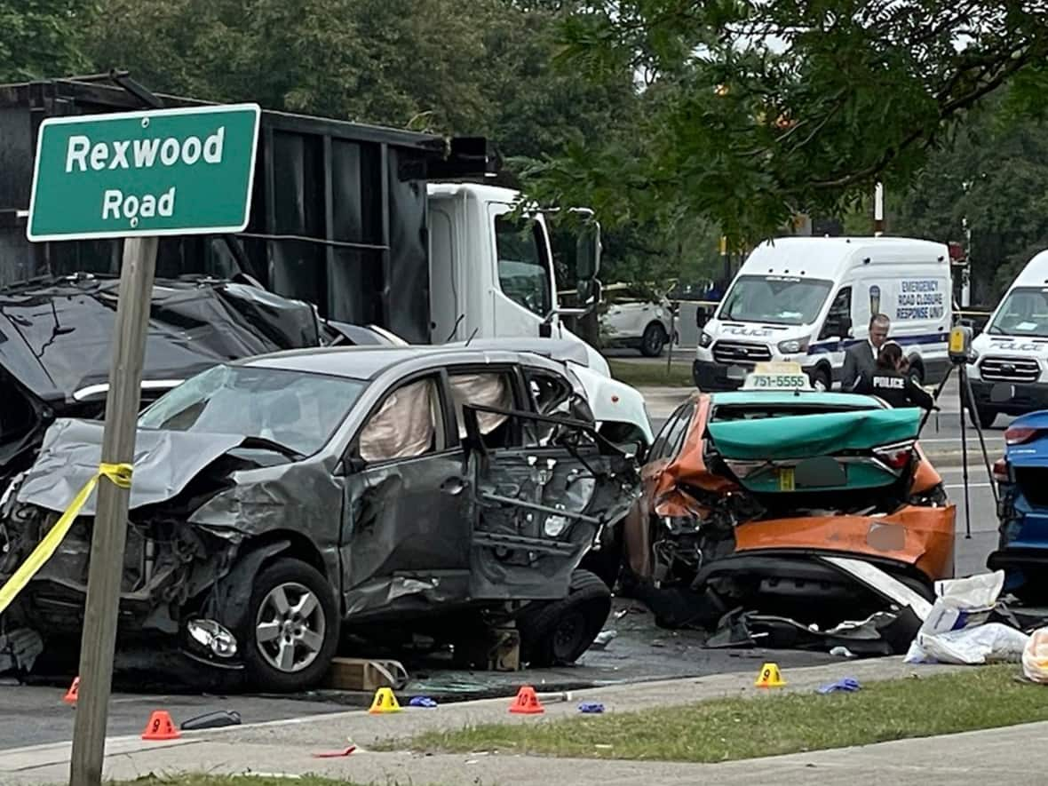 Peel Regional Police say a woman is dead after a multi-vehicle crash in the area of Derry and Rexwood roads. (Sue Goodspeed/CBC - image credit)