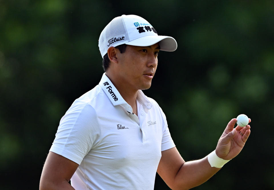 C.T. Pan of Chinese Taipei reacts on the 15th hole during the third round of the RBC Canadian Open at Oakdale Golf & Country Club