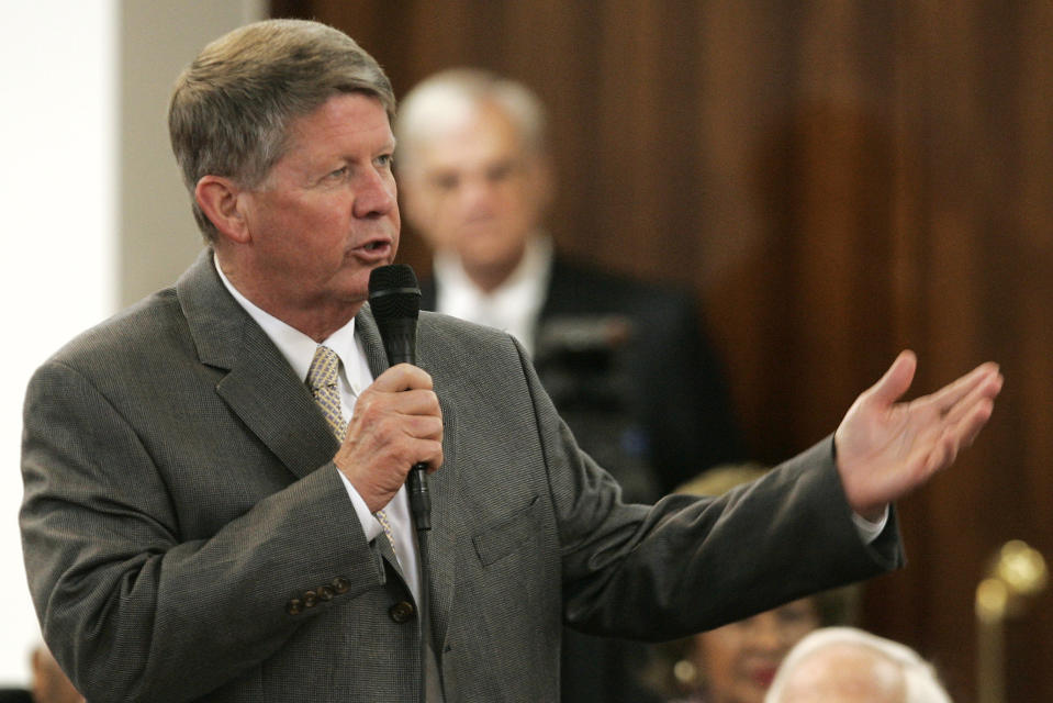 FILE - In a May 2006 file photo, Senate leader Marc Basnight speaks on the Senate floor at the Legislative Building in Raleigh, N.C. Basnight died Monday, Dec. 28, 2020, at age 73. (AP Photo/Gerry Broome, File)