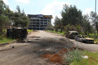 Damaged vehicles are seen after an explosion yesterday at insurgent-held al-Rashideen, Aleppo province, Syria April 16, 2017. REUTERS/Ammar Abdullah