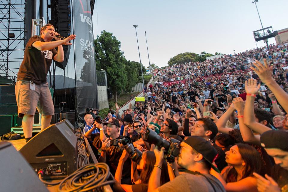 Atmosphere, whose MC Sean Daley (aka Slug) is seen here performing on stage at Verizon Wireless Amphitheater on July 12, 2013 in Irvine, California, will play St. Pete Pier on Saturday.