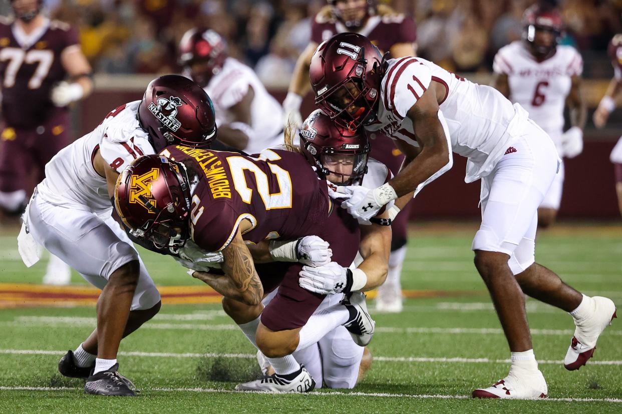 Minnesota wide receiver Michael Brown-Stephens (22) runs with the ball against New Mexico State during the first at Huntington Bank Stadium on Thursday night.