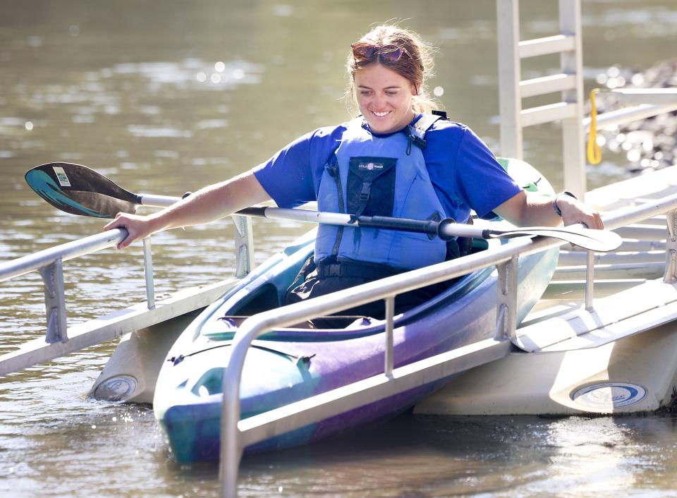 Courtney Custer kayaks in the Jordan River at Pioneer Crossing Regional Park in West Valley on Thursday, July 20, 2023. | Laura Seitz, Deseret News