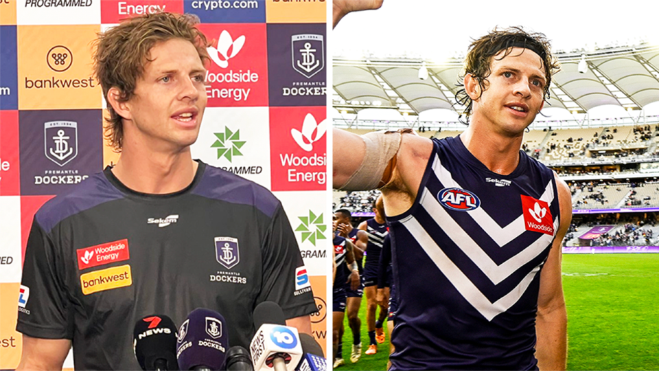 Nat Fyfe (pictured left) speaking to the media and (pictured right) Fyfe walking off the field.