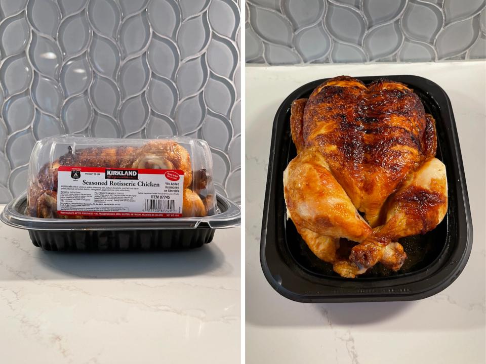 Pictures of Costco's rotisserie chicken.