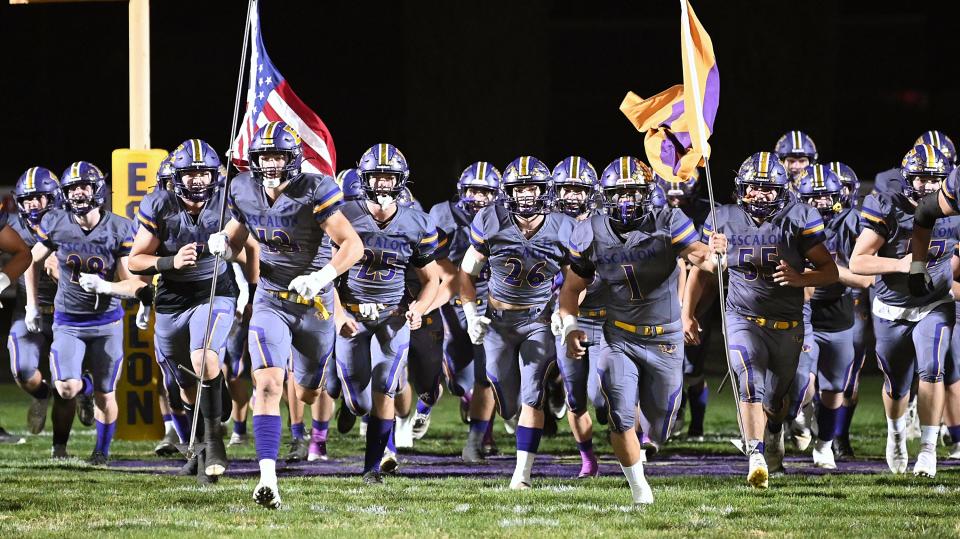 The Escalon High School varsity football team takes to the field Friday evening Nov 4, 2022 at Escalon High before their Sac Joaquin Section playoff game against Pacheco High.