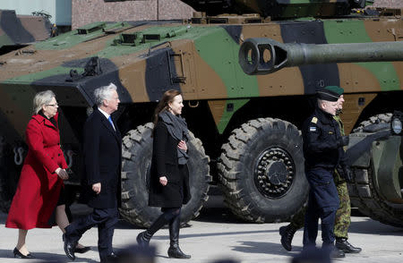 Britain's Defence Secretary Michael Fallon arrives for the official ceremony welcoming the deployment of a multi-national NATO battalion in Tapa, Estonia, April 20, 2017. REUTERS/Ints Kalnins