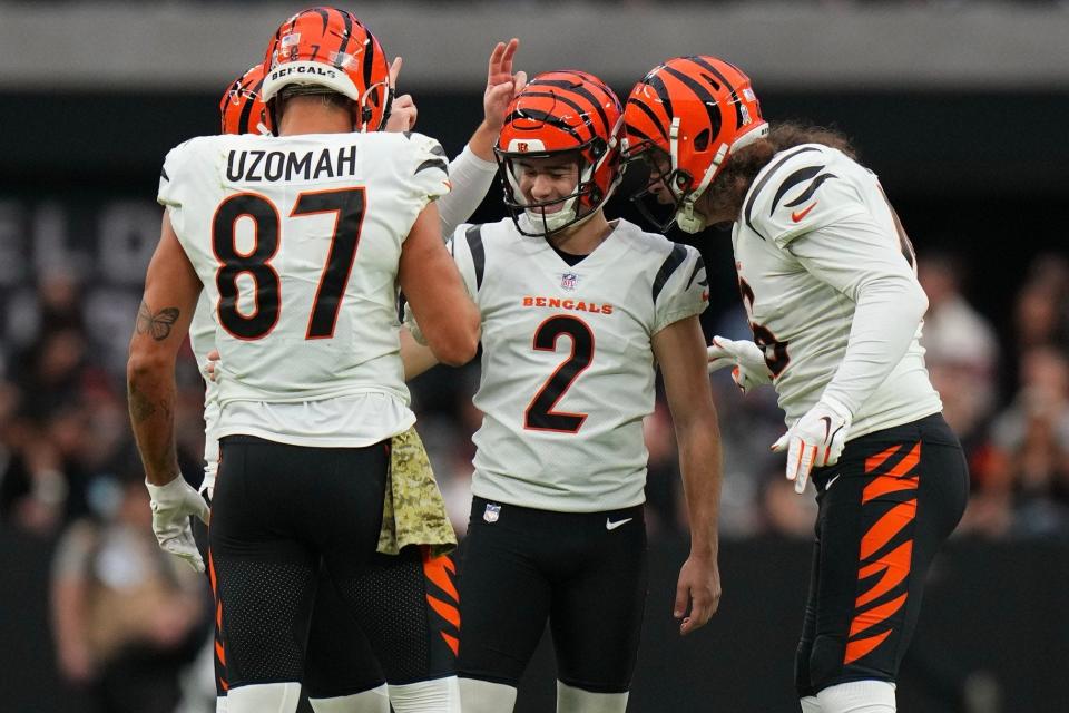 Cincinnati Bengals kicker Evan McPherson celebrates his 54-yard field goal with teammates during the first quarter Sunday against the Raiders in Las Vegas.