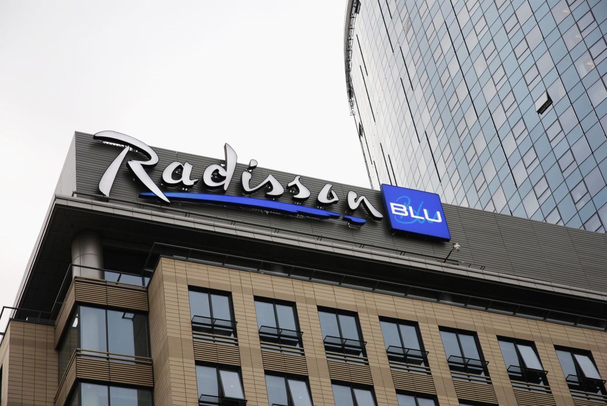 Moscow 13 June 2019 Radisson Blu logo on new hotel facade