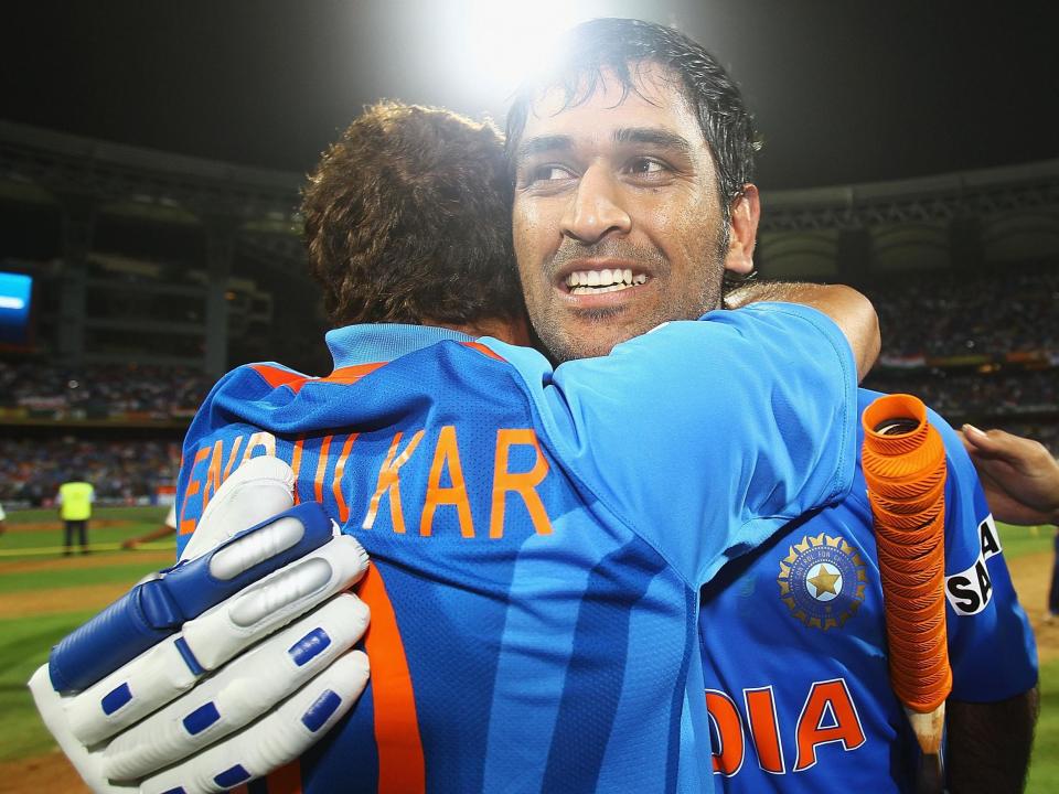 MS Dhoni and Sachin Tendulkar celebrate winning the 2011 World Cup in Mumbai: Getty