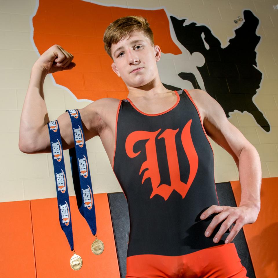 Washington senior wrestler Kannon Webster, shown here with his 2023 state championship medals, has won three individual state championships plus a team championship. He's also the top-ranked high school wrestler in the nation at 145 pounds. He's the 2023 Journal Star Wrestler of the Year.