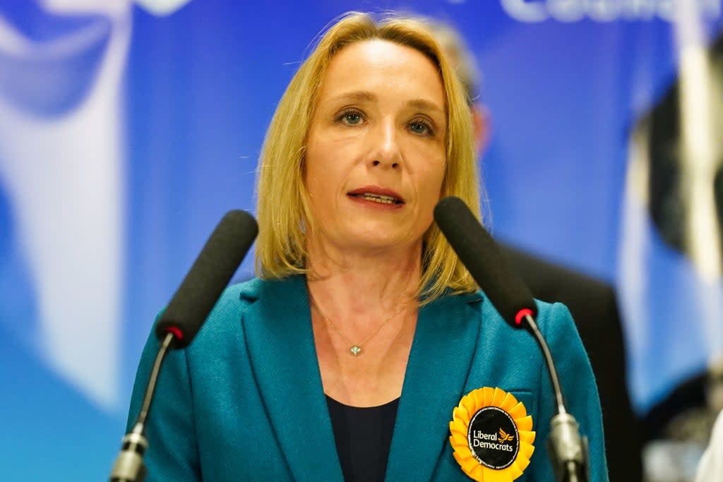 Helen Morgan of the Liberal Democrats makes a speech after being declared the winner in the North Shropshire by-election (PA)