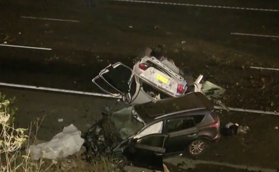 A 25-year-old man was killed in this crash on the Hume Highway in Campbelltown. Source: Nine News