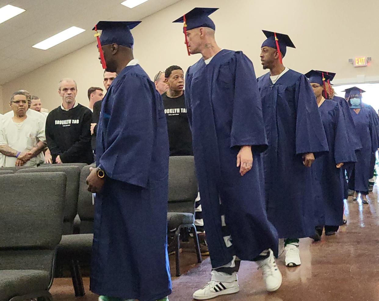 Inmates enter commencement exercises for the first Reentry Academy Graduation at the Mississippi State Penitentiary at Parchman on April 5, 2024.