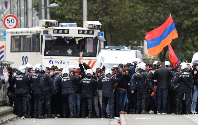 People supporting Armenia protest in Brussels