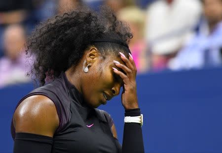 Sept 1, 2016; New York, NY, USA; Serena Williams of the USA reacts after a missed shot to Vania King of USA (not pictured) on day four of the 2016 U.S. Open tennis tournament at USTA Billie Jean King National Tennis Center. Mandatory Credit: Robert Deutsch-USA TODAY Sports