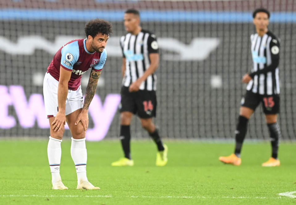 Soccer Football - Premier League - West Ham United v Newcastle United - London Stadium, London, Britain - September 12, 2020. West Ham United's Felipe Anderson reacts after the match. Pool via REUTERS/Michael Regan EDITORIAL USE ONLY. No use with unauthorized audio, video, data, fixture lists, club/league logos or 'live' services. Online in-match use limited to 75 images, no video emulation. No use in betting, games or single club/league/player publications.  Please contact your account representative for further details.