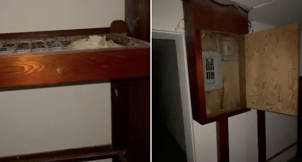 Bunkbeds and a fuse box are seen in an underground bomb shelter beneath a New York house.