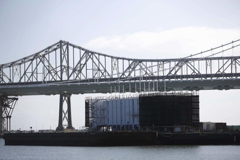 Mysterious structure built on floating barge is seen in San Francisco Bay