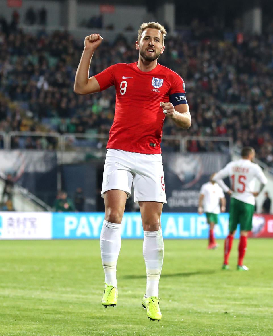 England's Harry Kane celebrates scoring his side's sixth goal of the game during the UEFA Euro 2020 Qualifying match at the Vasil Levski National Stadium, Sofia, Bulgaria. (Photo by Nick Potts/PA Images via Getty Images)