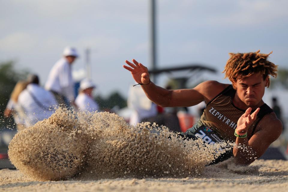 Zephyrhills’ Jakobe Campbell completes in the triple jump Friday, May 19, 2023 during the FHSAA Class 3A Track & Field State Championships at the University of North Florida’s Hodges Stadium in Jacksonville, Fla. Campbell finished in fifth place with 13.75 meters. 