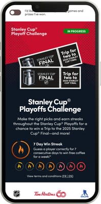 Hockey fans will also want to watch out for the return of the Tims NHL Hockey Challenge™ Stanley Cup® Playoffs Edition on April 20, with a chance to win a trip to the 2025 Stanley Cup® Final, free coffee for a year, and other great Tims prizes! (CNW Group/Tim Hortons)
