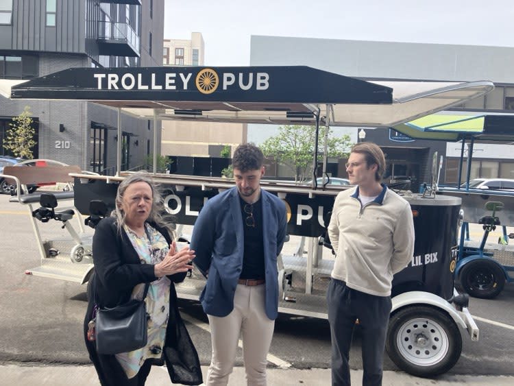 Ald. Marion Meginnis speaks about the Trolley Pub at Monday’s ribbon-cutting (photo by Jonathan Turner).