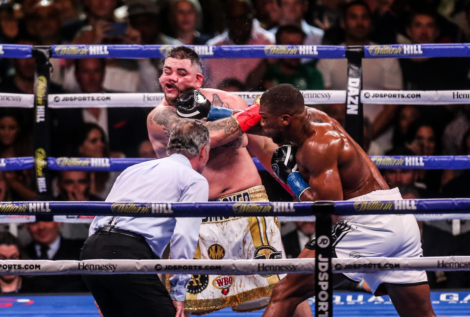 NEW YORK, NEW YORK - JUNE 01: Anthony Joshua(white trunks) and Andy Ruiz Jr fight during their IBF/WBA/WBO World heavyweight championship match at Madison Square Garden on June 1st, 2019 in New York City. (Photo by Anthony Geathers/Getty Images)