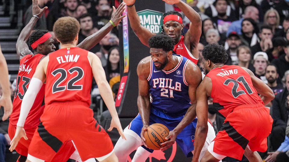 76ers MVP candidate Joel Embiid (centre) credits the Raptors with helping him improve as a player. (Photo by Mark Blinch/Getty Images)