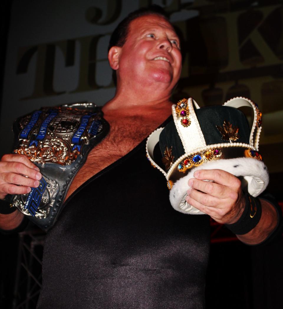 Jerry "The King" Lawler greets the audience at a Northeast Wrestling card in Poughkeepsie on August 16, 2019.