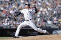 New York Yankees relief pitcher Zack Britton throws to a Boston Red Sox batter during the sixth inning of a baseball game Saturday, Sept. 24, 2022, in New York. (AP Photo/Jessie Alcheh)