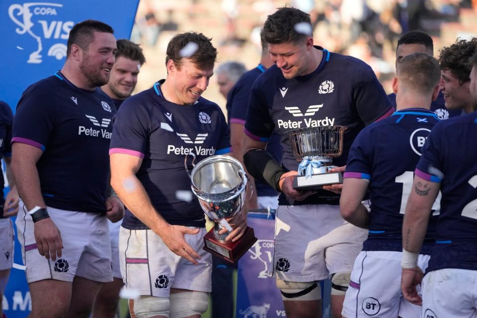 Scotland’s players celebrate their second Test victory over Argentina (Natacha Pisarenko/AP) (AP)