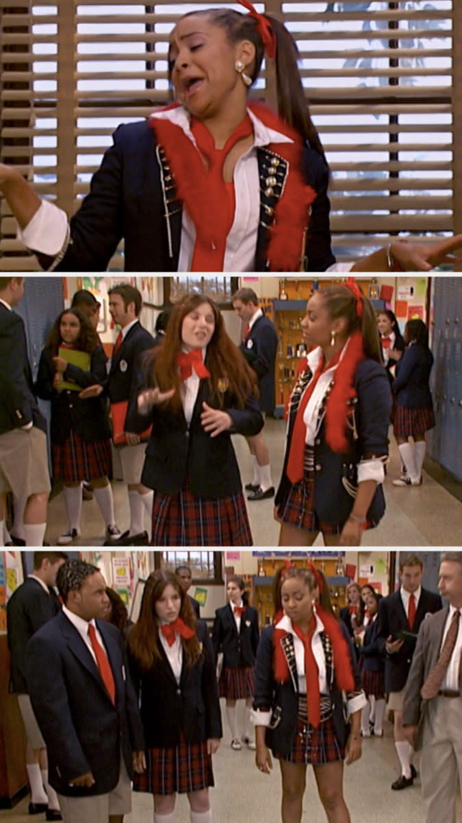 Raven, Chelsea, and Eddie standing in the hallway on "That's So Raven"