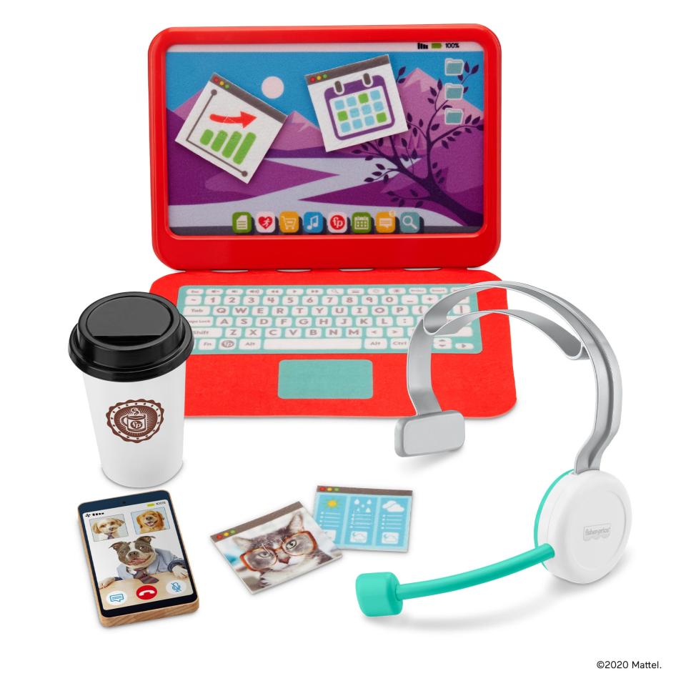 The Fisher-Price My Home Office Set ($24.99, available for pre-order) comes with a toy laptop with changeable fabric apps for the screen, toy smartphone, headset and coffee cup.