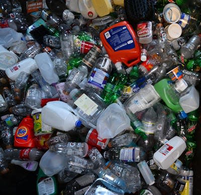 A collection of plastics in a city of Greenville recycling collection center.