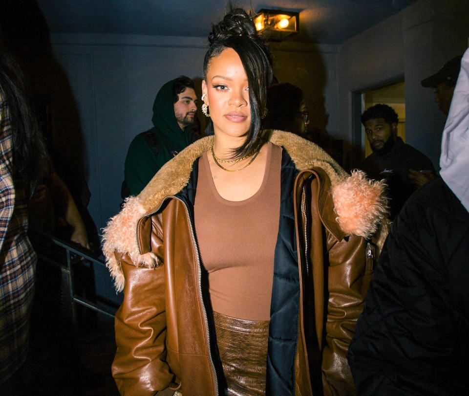 <p>Rihanna is fashionable as always while attending A$AP Rocky's performance for Amazon Music at Red Studio in Los Angeles on Dec. 9. </p>