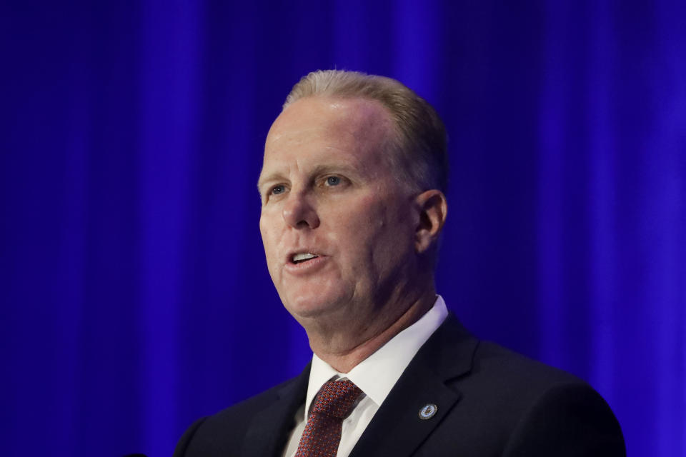 San Diego Mayor Kevin Faulconer speaks during the California GOP fall convention on Sept. 7, 2019, in Indian Wells, Calif. (AP Photo/Chris Carlson)