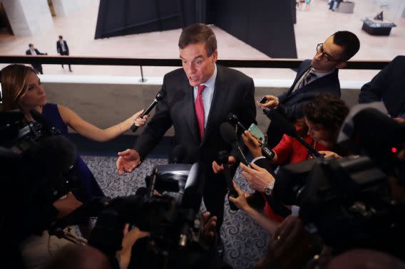 Senate Committee on Intelligence ranking member Sen. Mark Warner, D-Va., talks to reporters before a closed-door committee meeting in the Hart Senate Office Building on Capitol Hill June 6, 2017, in Washington, D.C. (Photo: Chip Somodevilla/Getty Images)