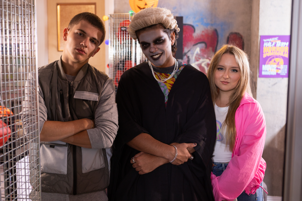 lucas hay, dillon ray and leah barnes in hollyoaks